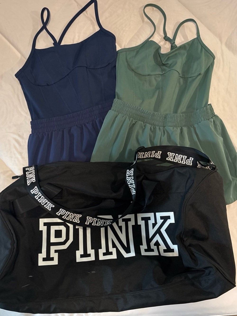 PINK Victoria's Secret Navy and Green Romper Duo with Black PINK Duffle Bag